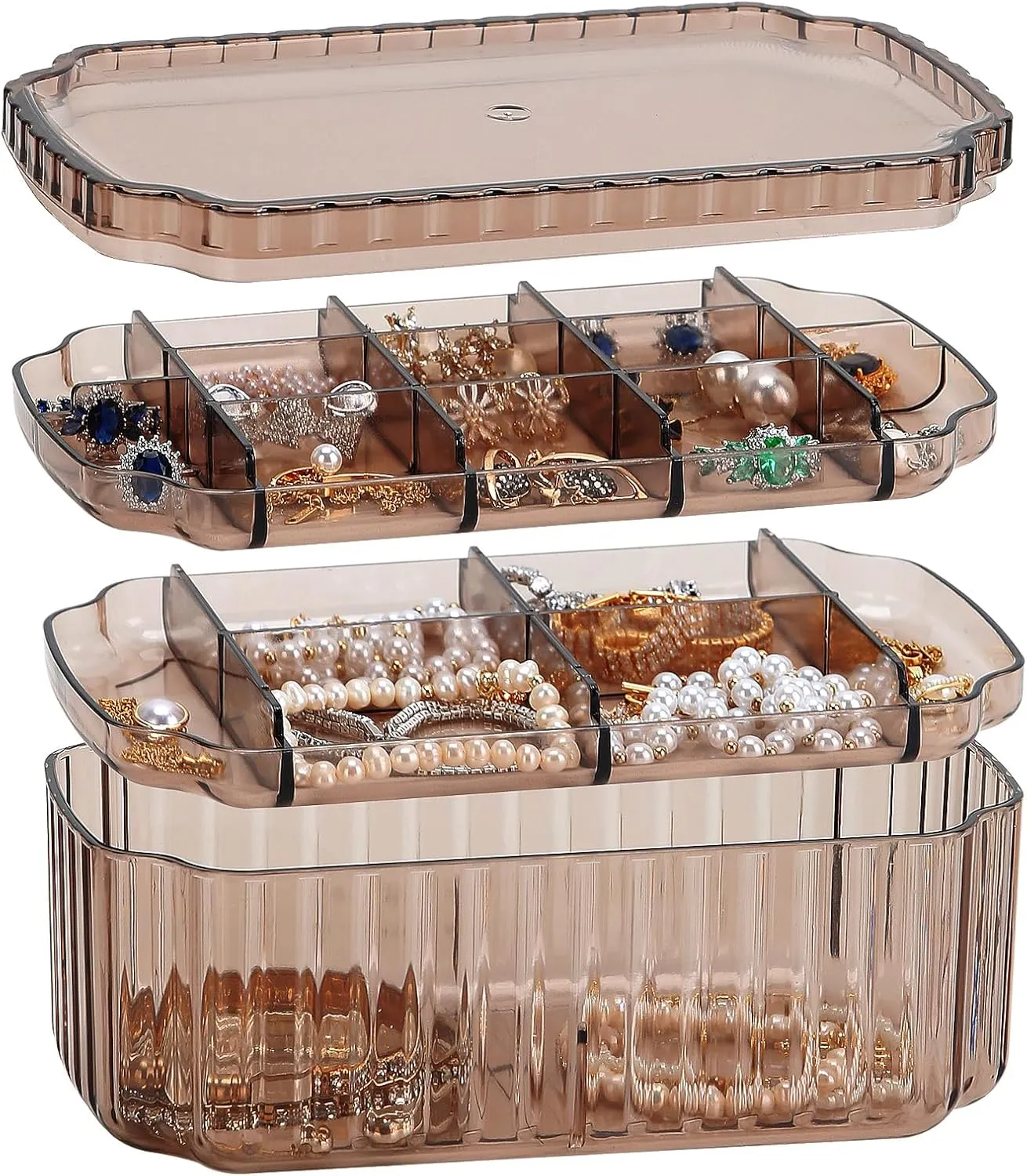 LETURE 3-Layer Jewelry Organizer Box for Earrings, Rings, Necklaces, Bracelets, Clear Plastic Bead Storage Containers for Crafts (Coffee)