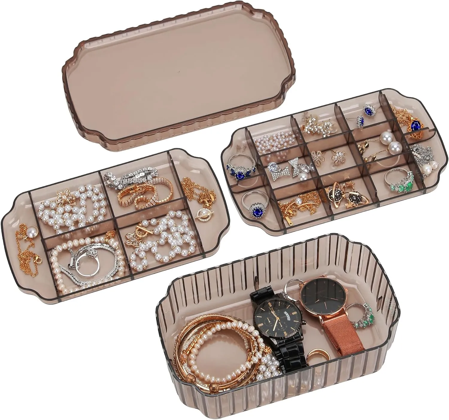 LETURE 3-Layer Jewelry Organizer Box for Earrings, Rings, Necklaces, Bracelets, Clear Plastic Bead Storage Containers for Crafts (Coffee)