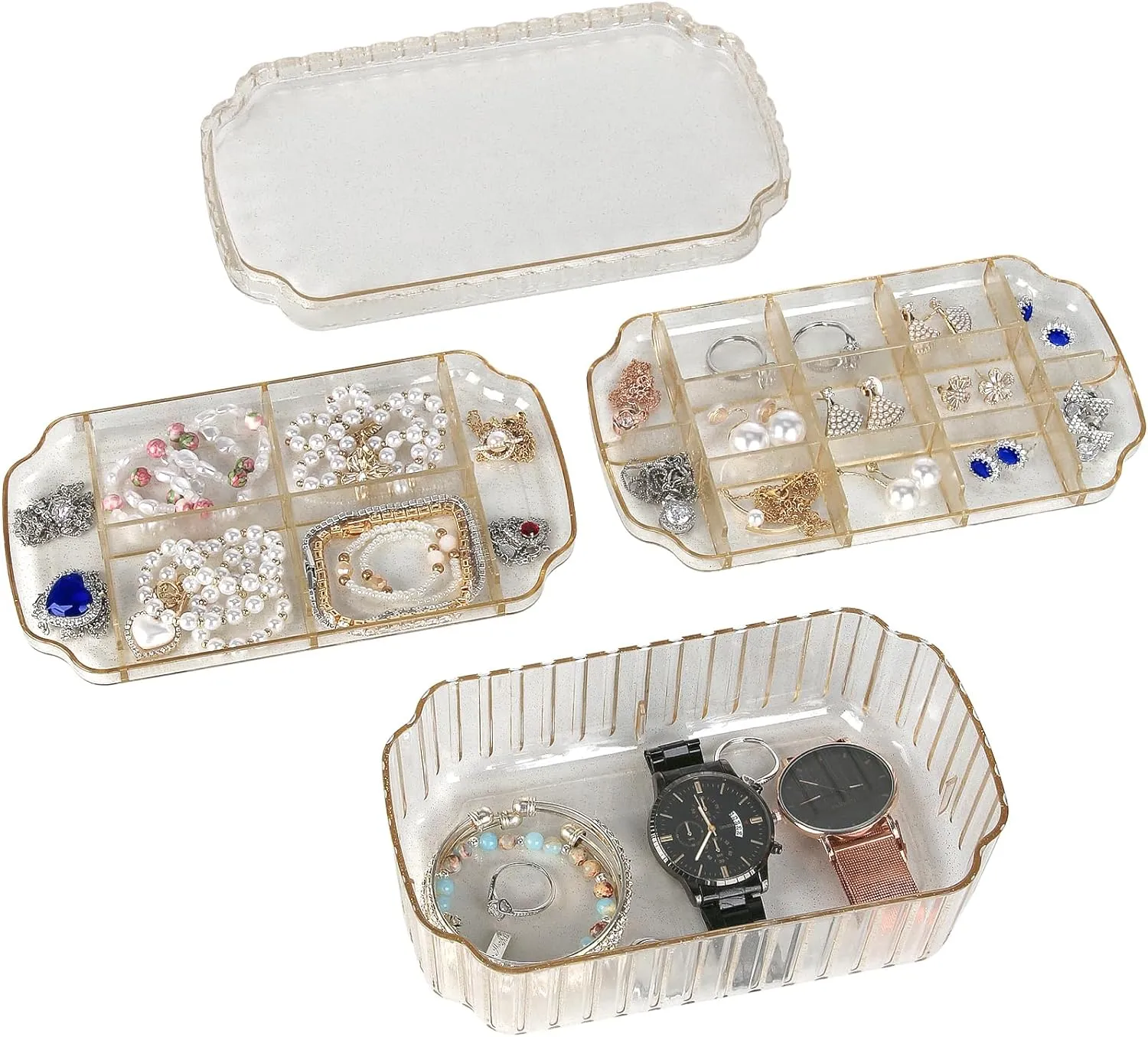 LETURE 3-Layer Jewelry Organizer Box for Earrings, Rings, Necklaces, Bracelets, Clear Plastic Bead Storage Containers for Crafts (Gold)