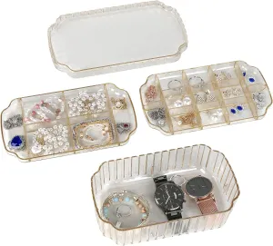 LETURE 3-Layer Jewelry Organizer Box for Earrings, Rings, Necklaces, Bracelets, Clear Plastic Bead Storage Containers for Crafts (Gold)