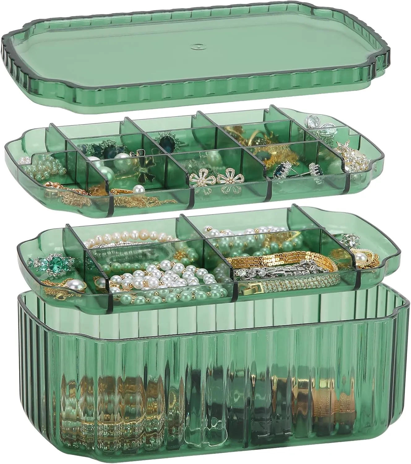 LETURE 3-Layer Jewelry Organizer Box for Earrings, Rings, Necklaces, Bracelets, Clear Plastic Bead Storage Containers for Crafts (Green)