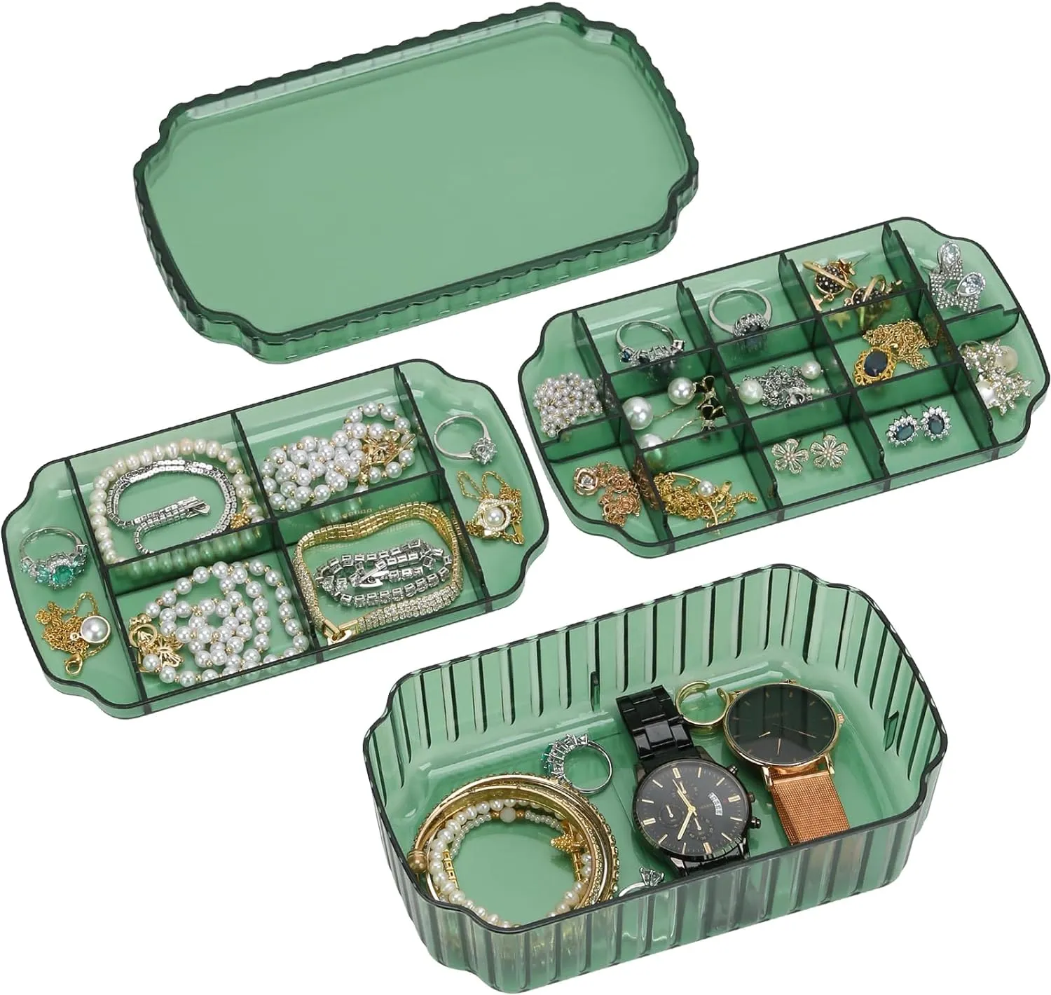 LETURE 3-Layer Jewelry Organizer Box for Earrings, Rings, Necklaces, Bracelets, Clear Plastic Bead Storage Containers for Crafts (Green)
