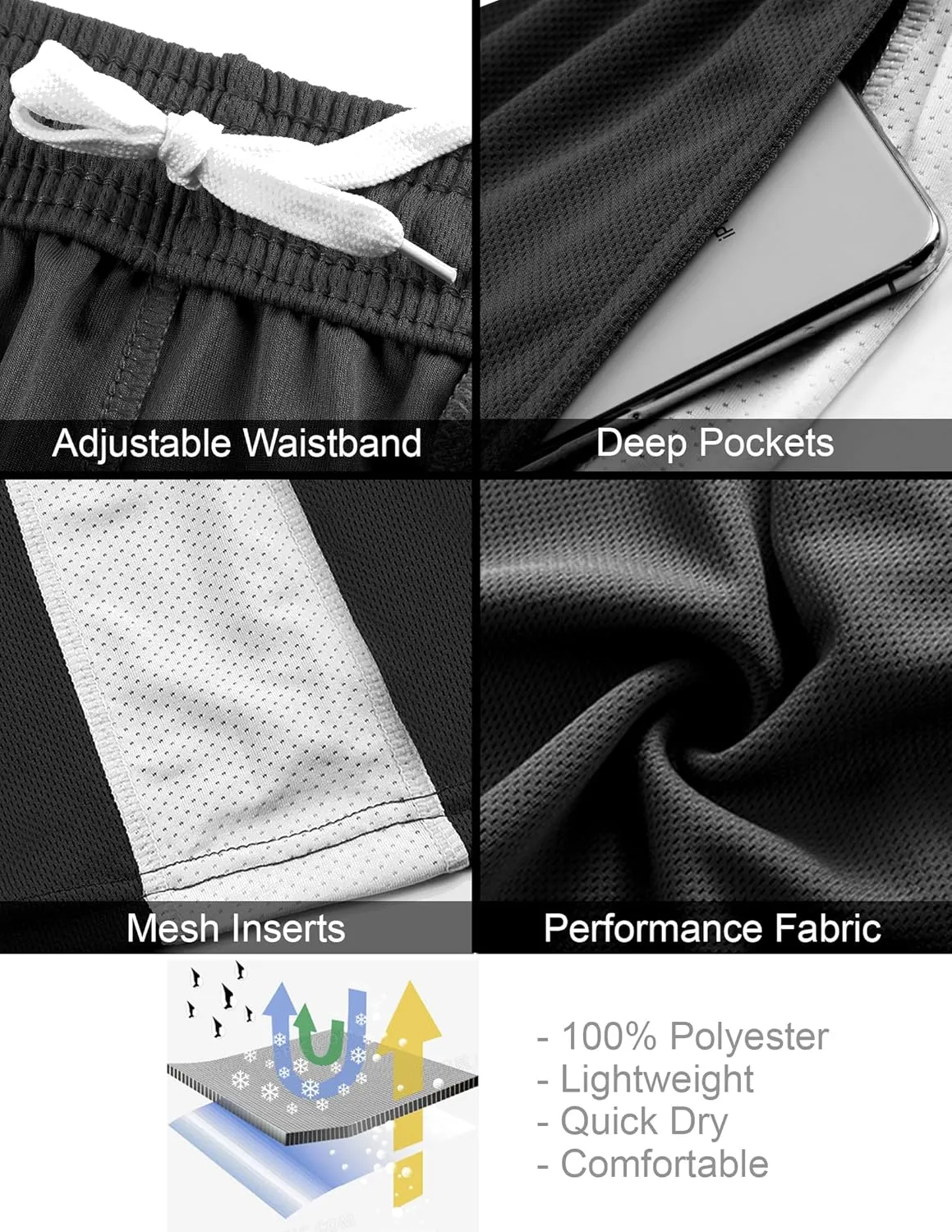 Liberty Imports 5 Pack Men's Quick Dry Athletic Basketball Shorts 9" Inseam with Pockets, Activewear for Workout Gym Running