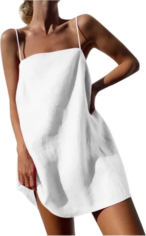 Linen Mini Dress Women Spaghetti Strap Summer Dress Loose Sleeveless Beachwear A-Line Casual Dress Short Cami Dress