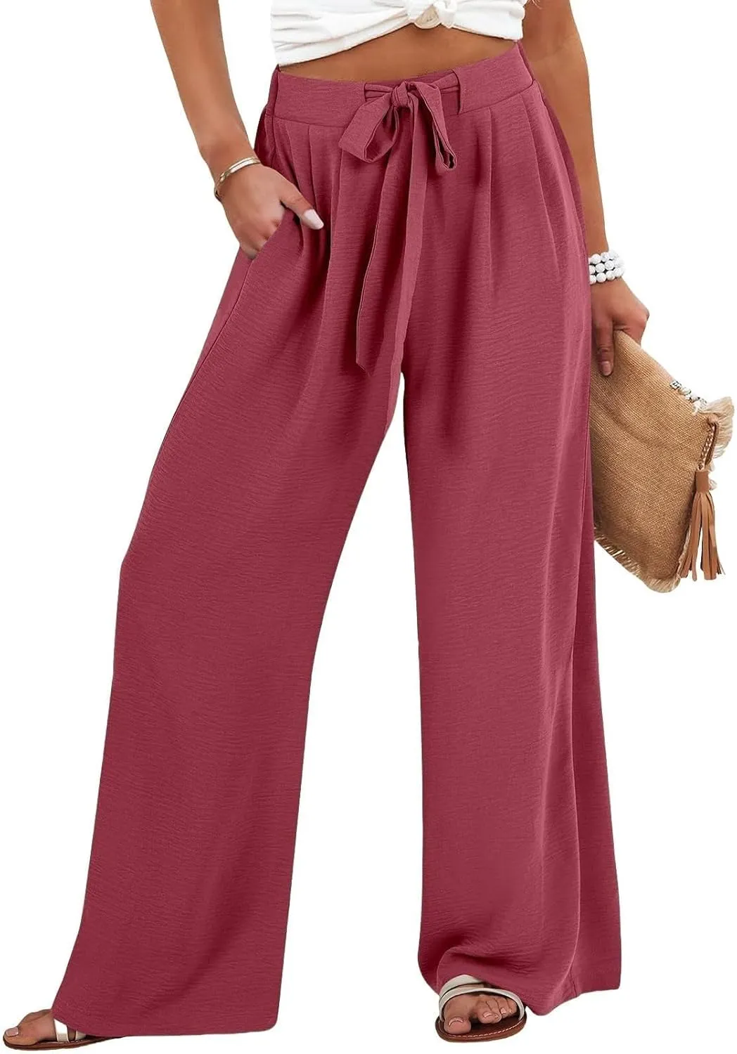 Linen Pants Women Summer Palazzo Pant Woman Wide Leg Drawstring Trousers Casual Flowy Boho Outfits for Beach Vacation