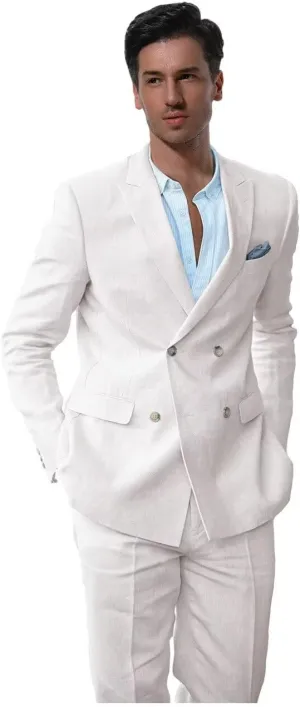 Linen Suits for Men Summer Regular Fit Double Breasted Tuxedos Casual Peak Lapel Blazer Pants for Business Wedding