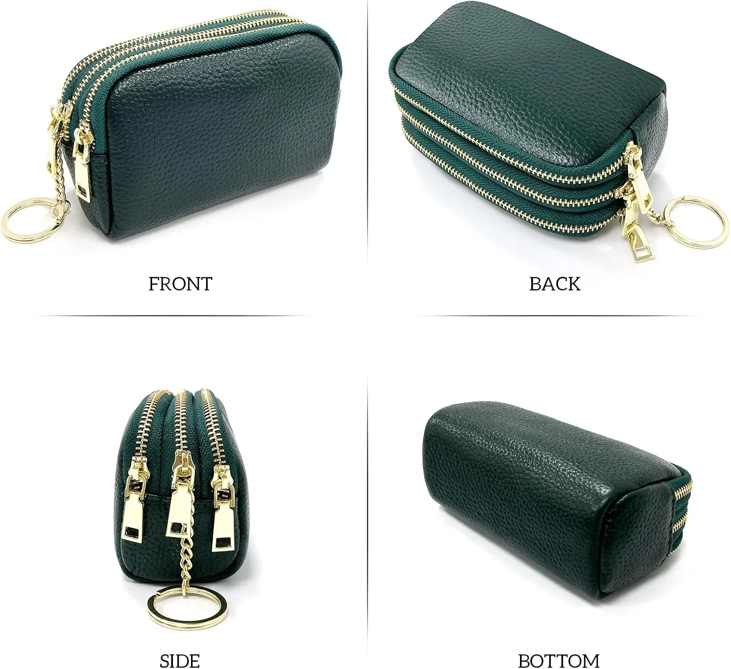 LINNO 3 Zippered Genuine Leather Coin Purse Triple Capacity Change Pouch Little Travel Wallet With Key Ring for Women