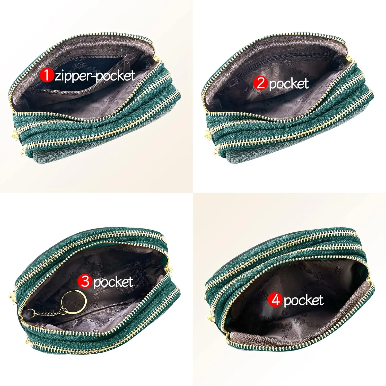 LINNO 3 Zippered Genuine Leather Coin Purse Triple Capacity Change Pouch Little Travel Wallet With Key Ring for Women