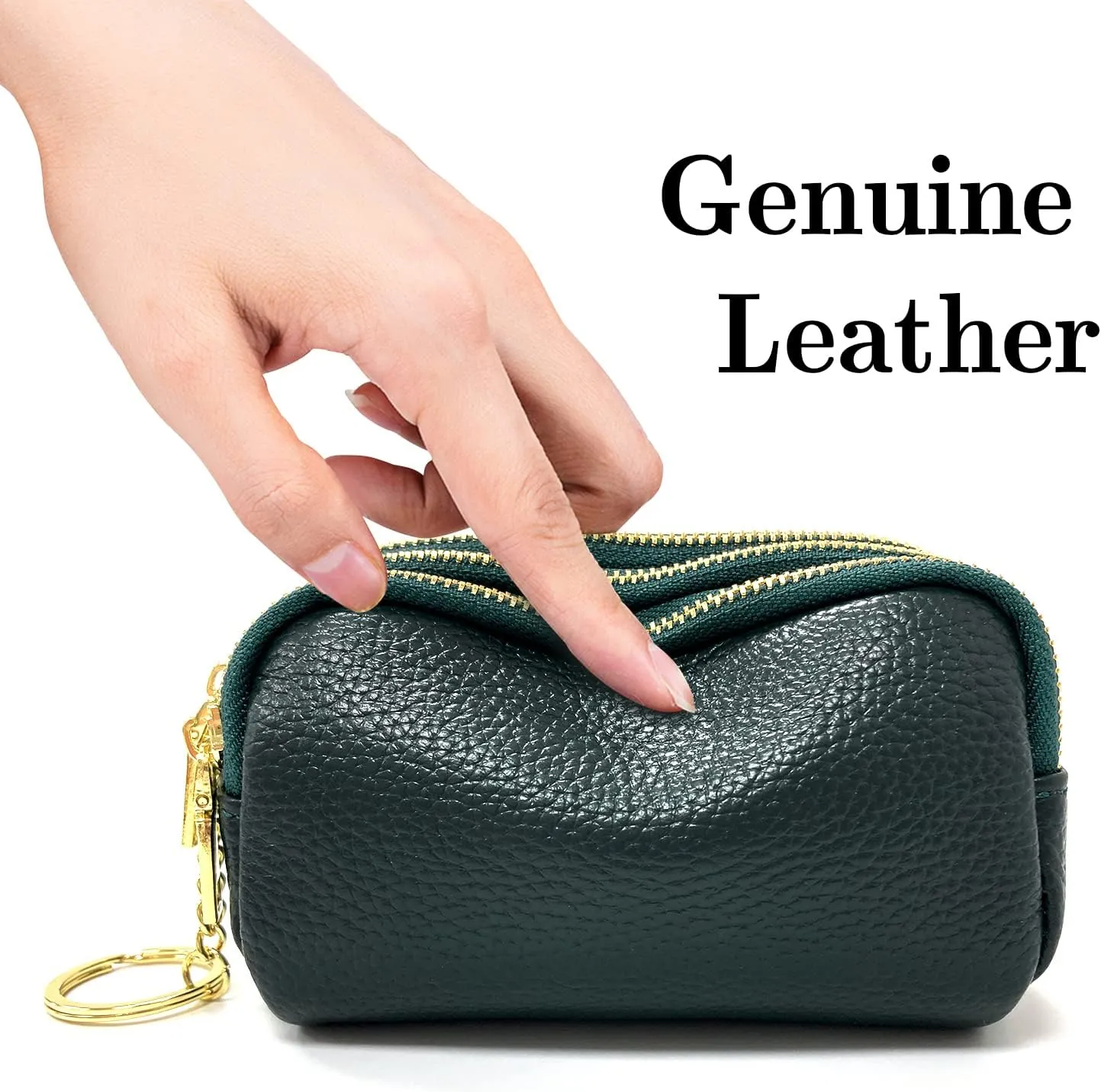 LINNO 3 Zippered Genuine Leather Coin Purse Triple Capacity Change Pouch Little Travel Wallet With Key Ring for Women