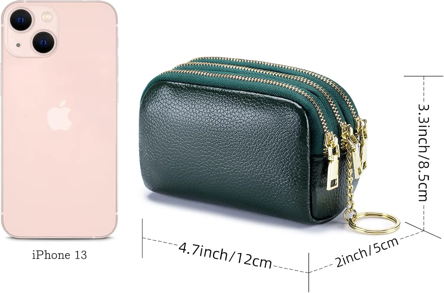 LINNO 3 Zippered Genuine Leather Coin Purse Triple Capacity Change Pouch Little Travel Wallet With Key Ring for Women