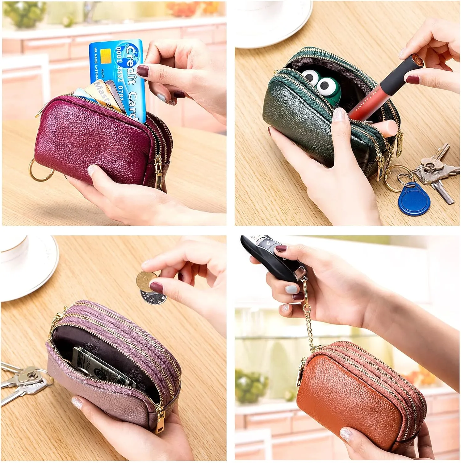 LINNO 3 Zippered Genuine Leather Coin Purse Triple Capacity Change Pouch Little Travel Wallet With Key Ring for Women