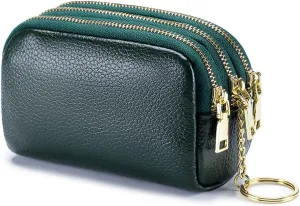 LINNO 3 Zippered Genuine Leather Coin Purse Triple Capacity Change Pouch Little Travel Wallet With Key Ring for Women
