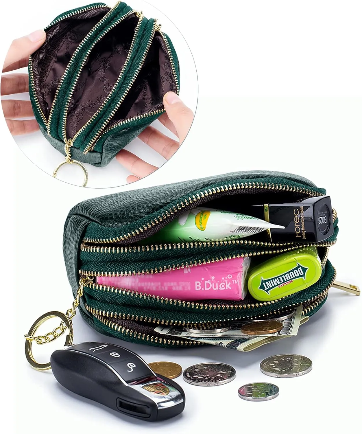 LINNO 3 Zippered Genuine Leather Coin Purse Triple Capacity Change Pouch Little Travel Wallet With Key Ring for Women