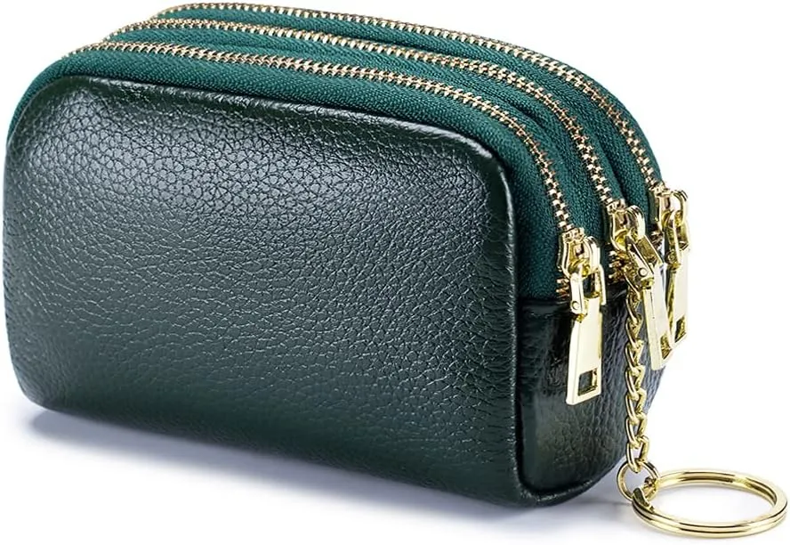 LINNO 3 Zippered Genuine Leather Coin Purse Triple Capacity Change Pouch Little Travel Wallet With Key Ring for Women