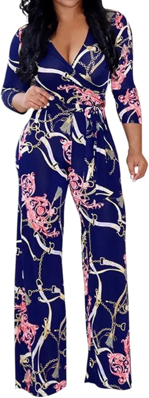Lisa Colly Women's Summer Floral Print Wide Leg Jumpsuits Casual Beach Rompers Long Pants