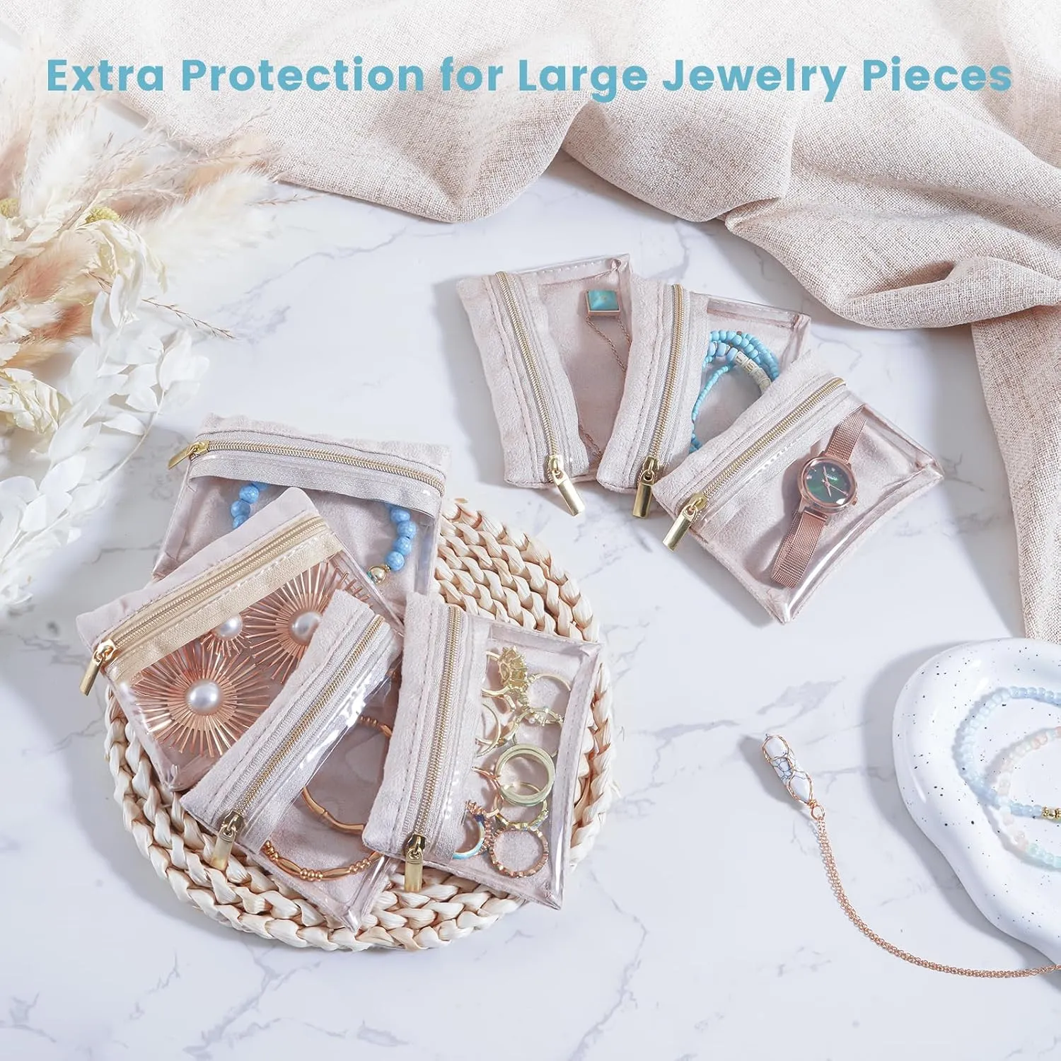 Lolalet Velvet Jewelry Pouches, Clear Window Travel Jewelry Organizer Bags for Earrings, Bracelets, Necklaces and Rings, Compact Jewelry Storage for Women Girls -7PCS