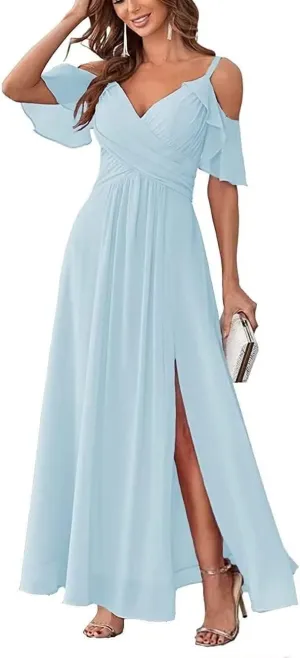 Long Bridesmaid Dresses for Women Chiffon V Neck A Line Ruched Formal Evening Dress with Slit