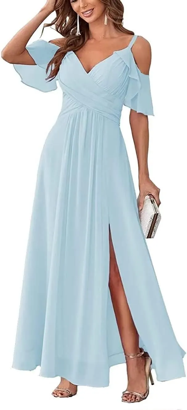 Long Bridesmaid Dresses for Women Chiffon V Neck A Line Ruched Formal Evening Dress with Slit