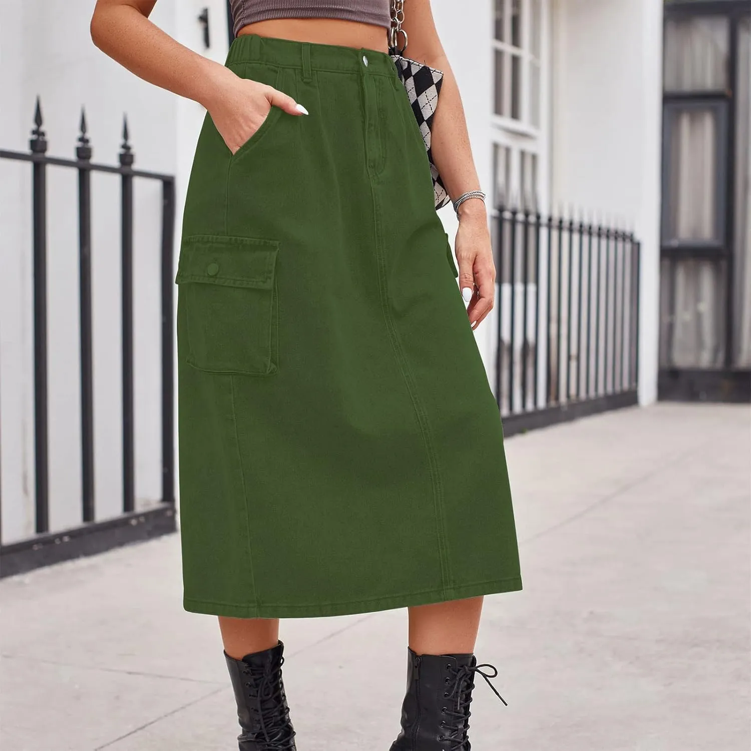 Long Jean Skirt for Women Cowgirl Y2K Cargo Skirt High Waisted Pencil Skirt Casual A-Line Midi Skirt with Pockets