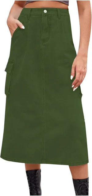 Long Jean Skirt for Women Cowgirl Y2K Cargo Skirt High Waisted Pencil Skirt Casual A-Line Midi Skirt with Pockets