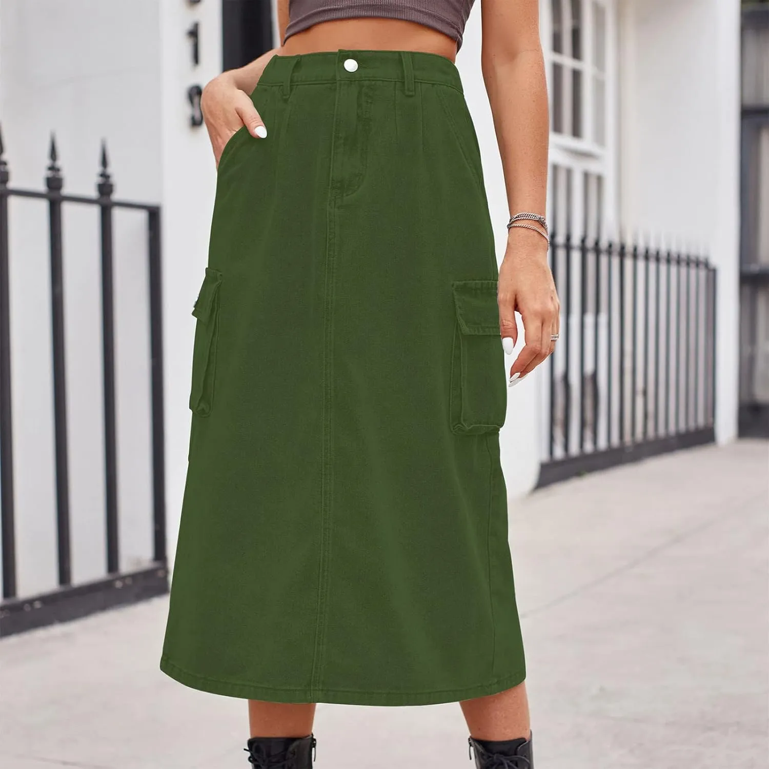 Long Jean Skirt for Women Cowgirl Y2K Cargo Skirt High Waisted Pencil Skirt Casual A-Line Midi Skirt with Pockets