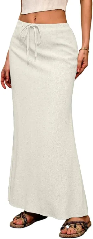 Long Trendy Skirts for Women Cotton Linen Beach Vacation Drawstring Low Waist Flowy Bohemian Short Dress Casual Holiday
