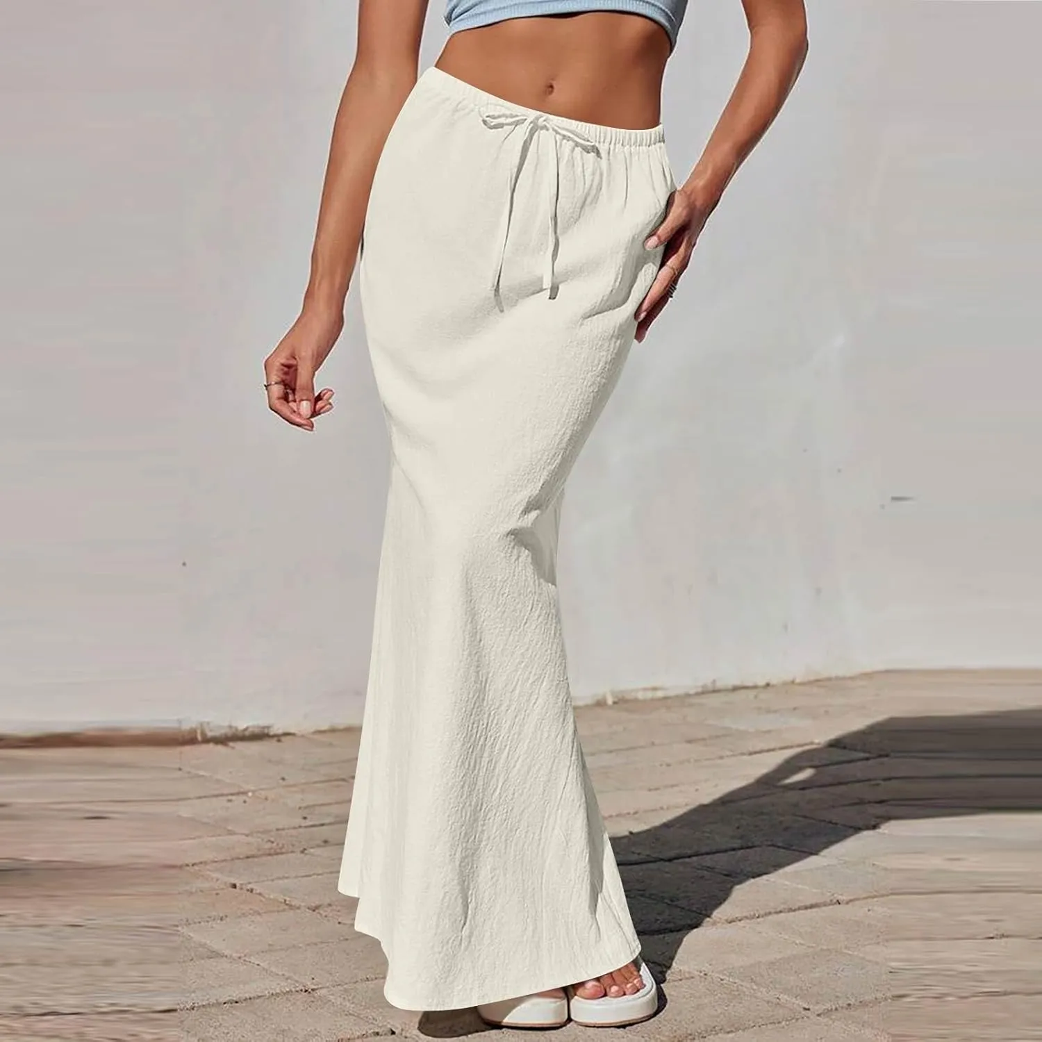 Long Trendy Skirts for Women Cotton Linen Beach Vacation Drawstring Low Waist Flowy Bohemian Short Dress Casual Holiday