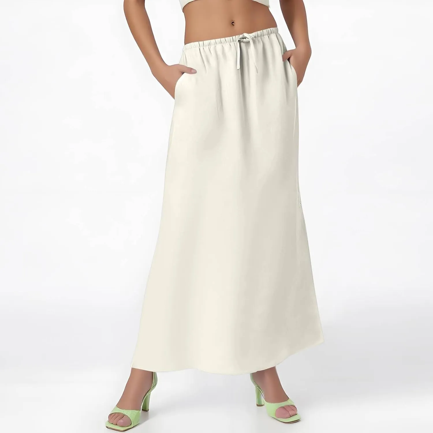 Long Trendy Skirts for Women Cotton Linen Beach Vacation Drawstring Low Waist Flowy Bohemian Short Dress Casual Holiday