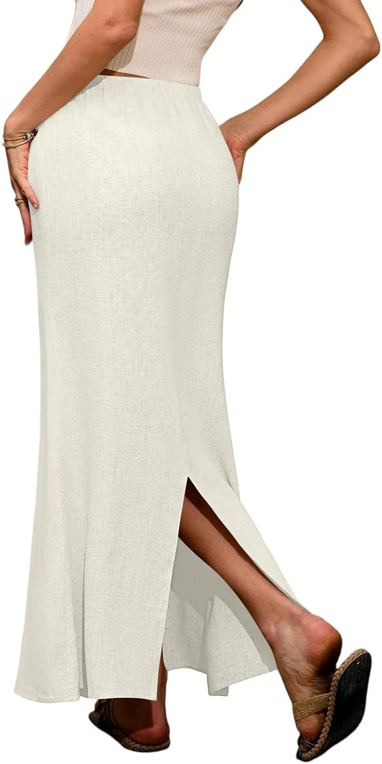 Long Trendy Skirts for Women Cotton Linen Beach Vacation Drawstring Low Waist Flowy Bohemian Short Dress Casual Holiday
