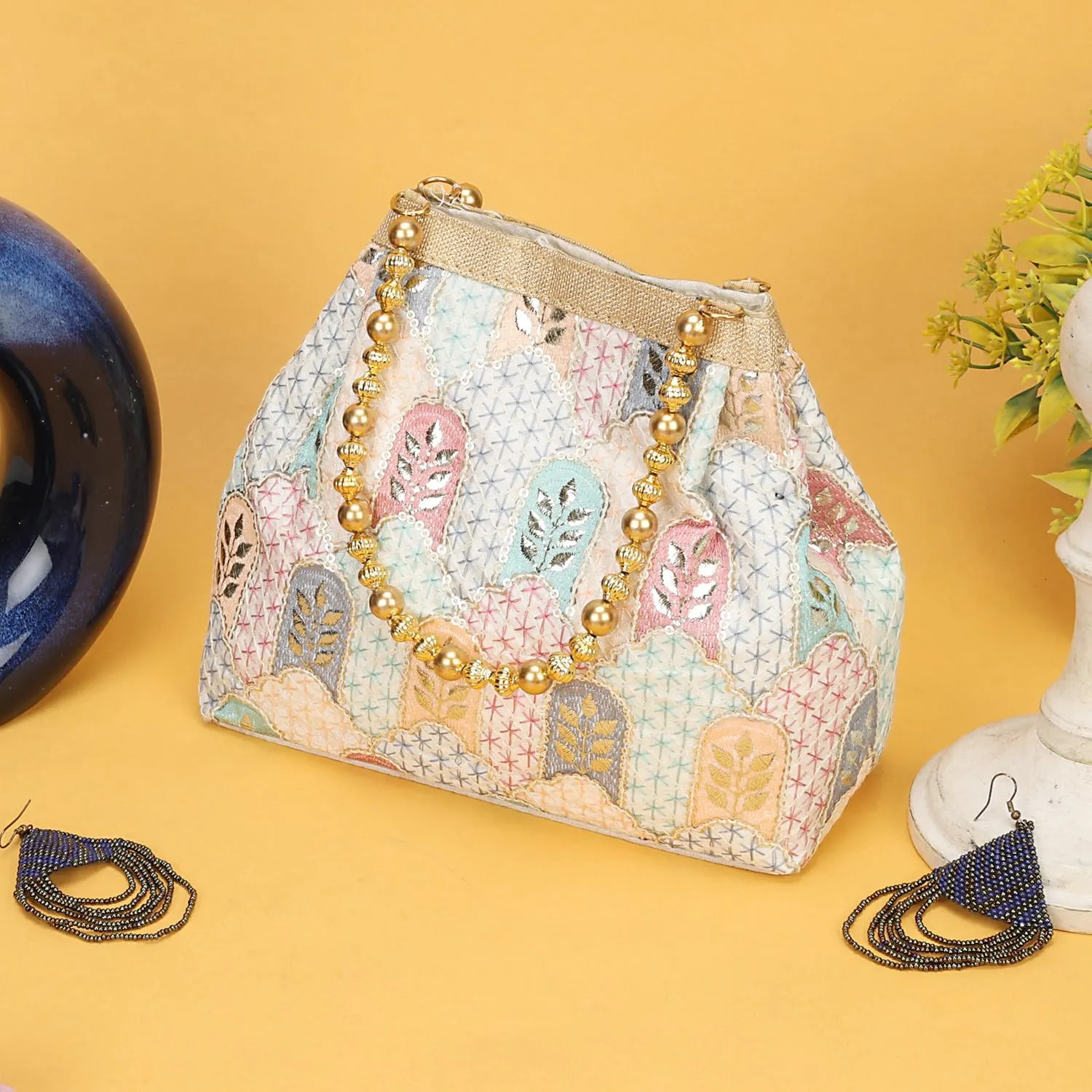 LONGING TO BUY Indian Ethnic Potli Handbag, Embroidered Evening Bag