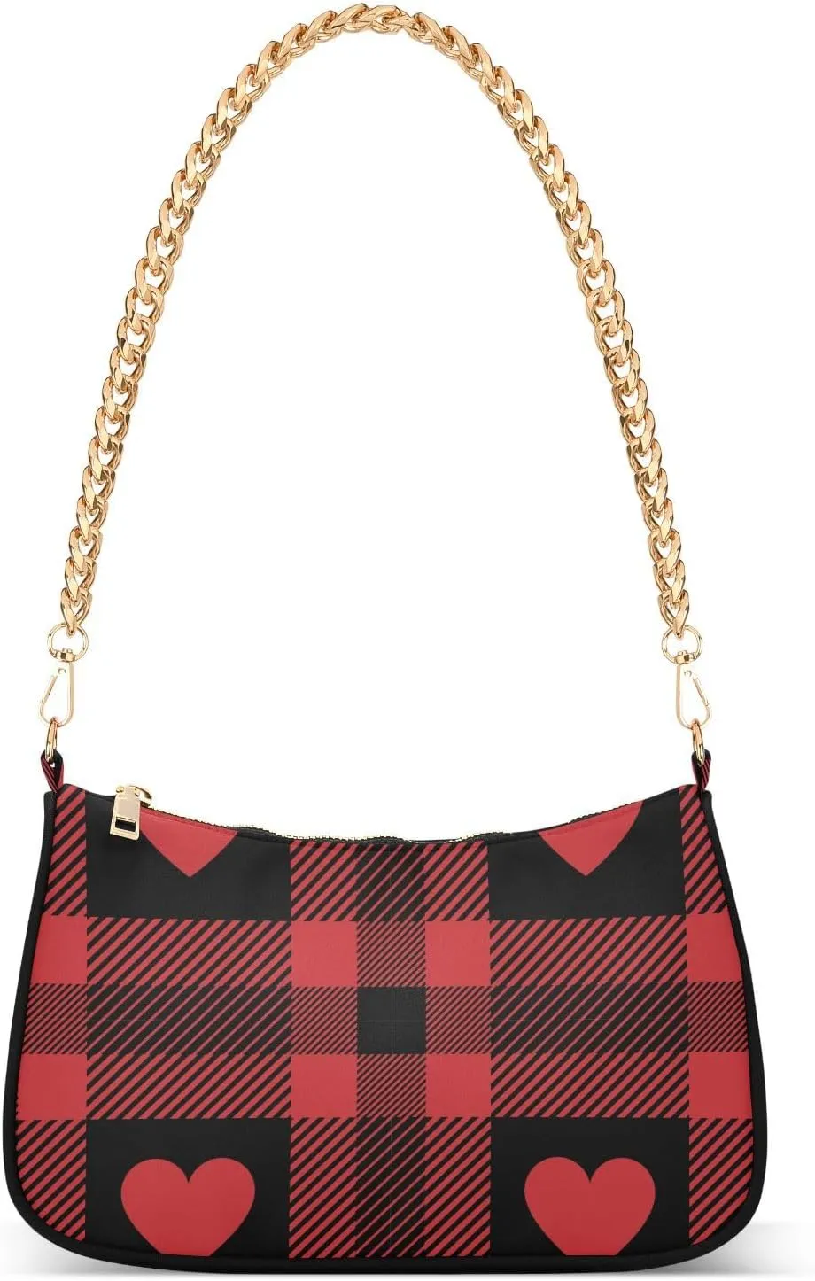 Love Red and White Buffalo Plaid Shoulder Handbags for Women Travel Hobo Tote Handbag Women Gold Chain Shoulder Bags Purse with Zipper Closure