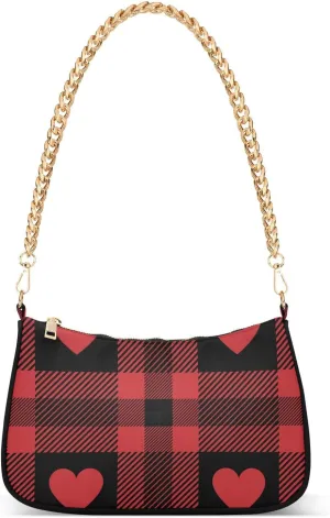 Love Red and White Buffalo Plaid Shoulder Handbags for Women Travel Hobo Tote Handbag Women Gold Chain Shoulder Bags Purse with Zipper Closure