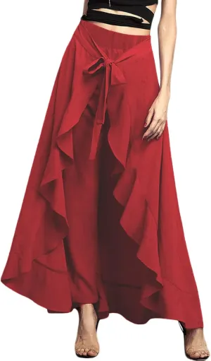 Lrady Women's Ruffle Pants High Waist Trousers Casual Beach Maxi Long Palazzo Overlay Pant Skirts