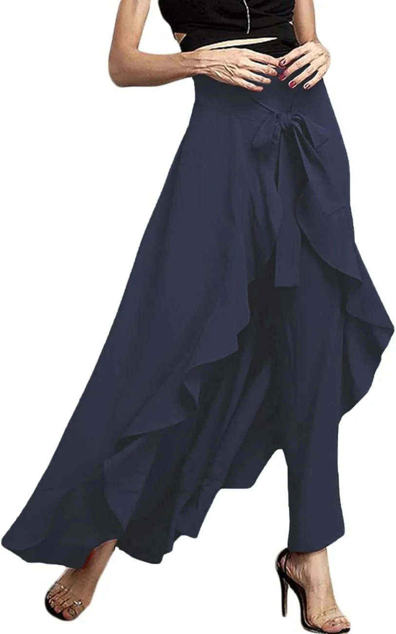 Lrady Women's Ruffle Pants High Waist Trousers Casual Beach Maxi Long Palazzo Overlay Pant Skirts