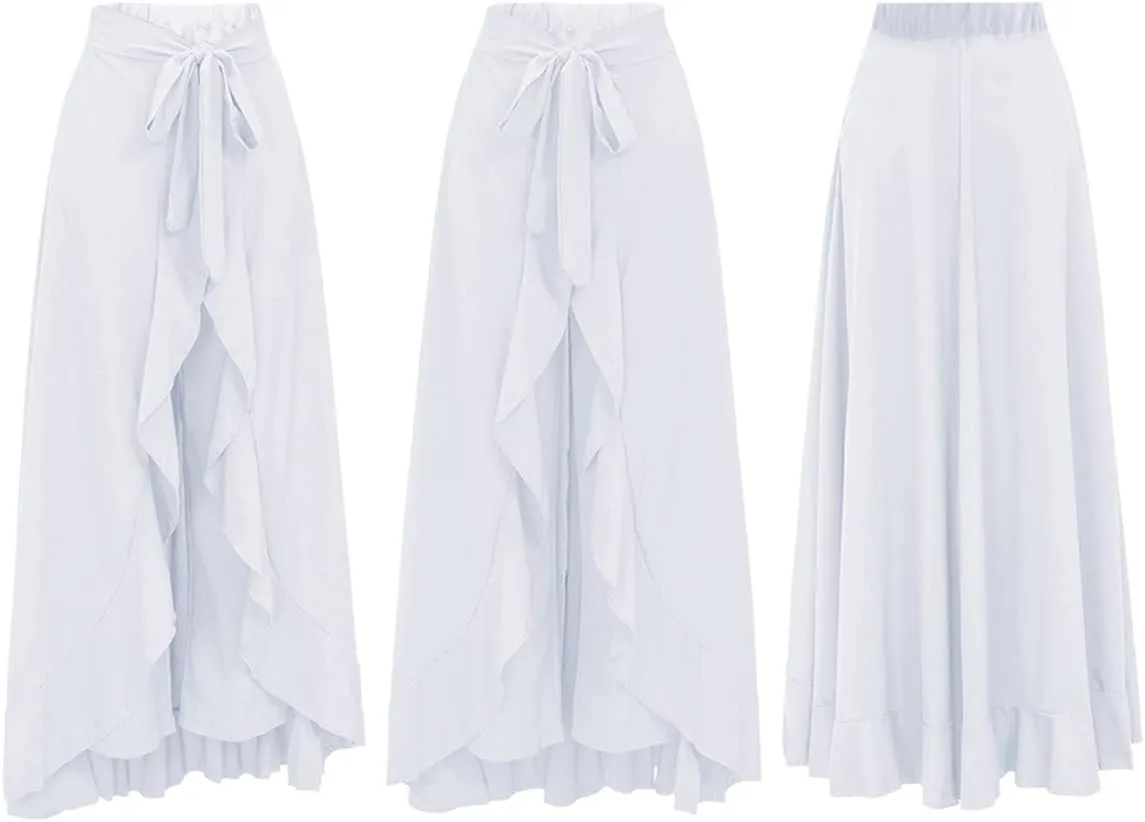 Lrady Women's Ruffle Pants High Waist Trousers Casual Beach Maxi Long Palazzo Overlay Pant Skirts