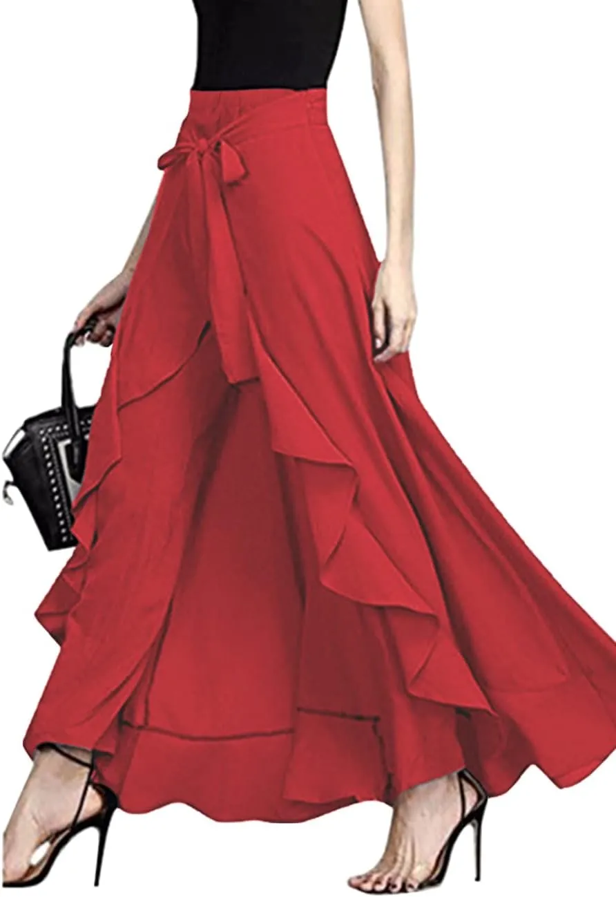 Lrady Women's Ruffle Pants High Waist Trousers Casual Beach Maxi Long Palazzo Overlay Pant Skirts