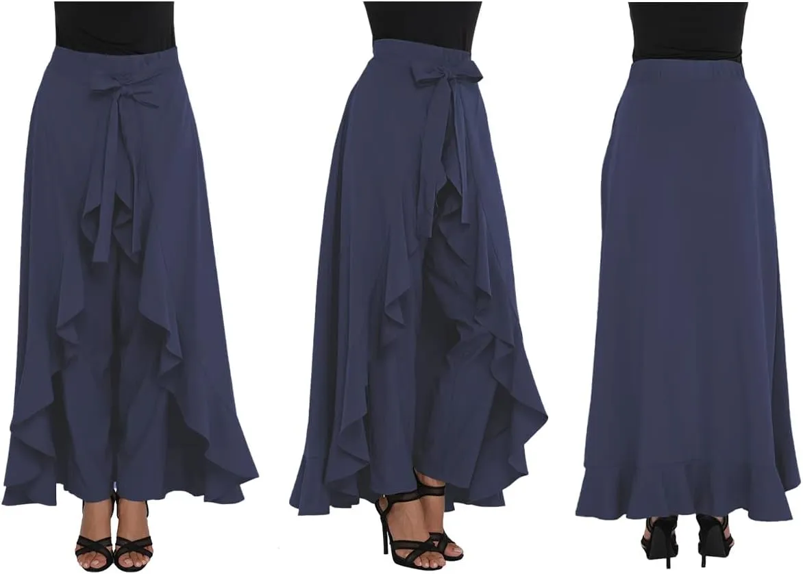 Lrady Women's Ruffle Pants High Waist Trousers Casual Beach Maxi Long Palazzo Overlay Pant Skirts