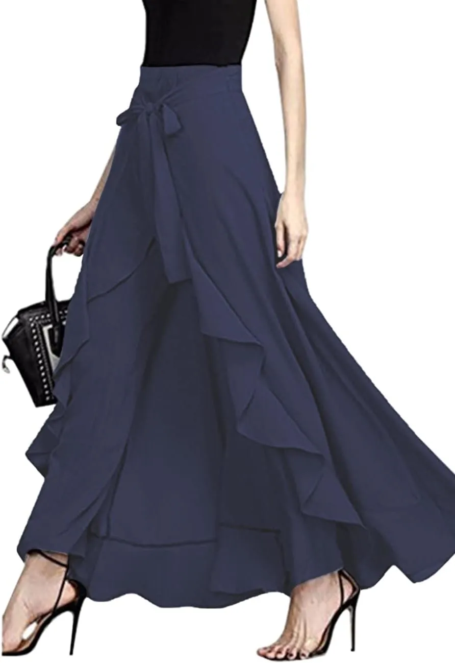 Lrady Women's Ruffle Pants High Waist Trousers Casual Beach Maxi Long Palazzo Overlay Pant Skirts
