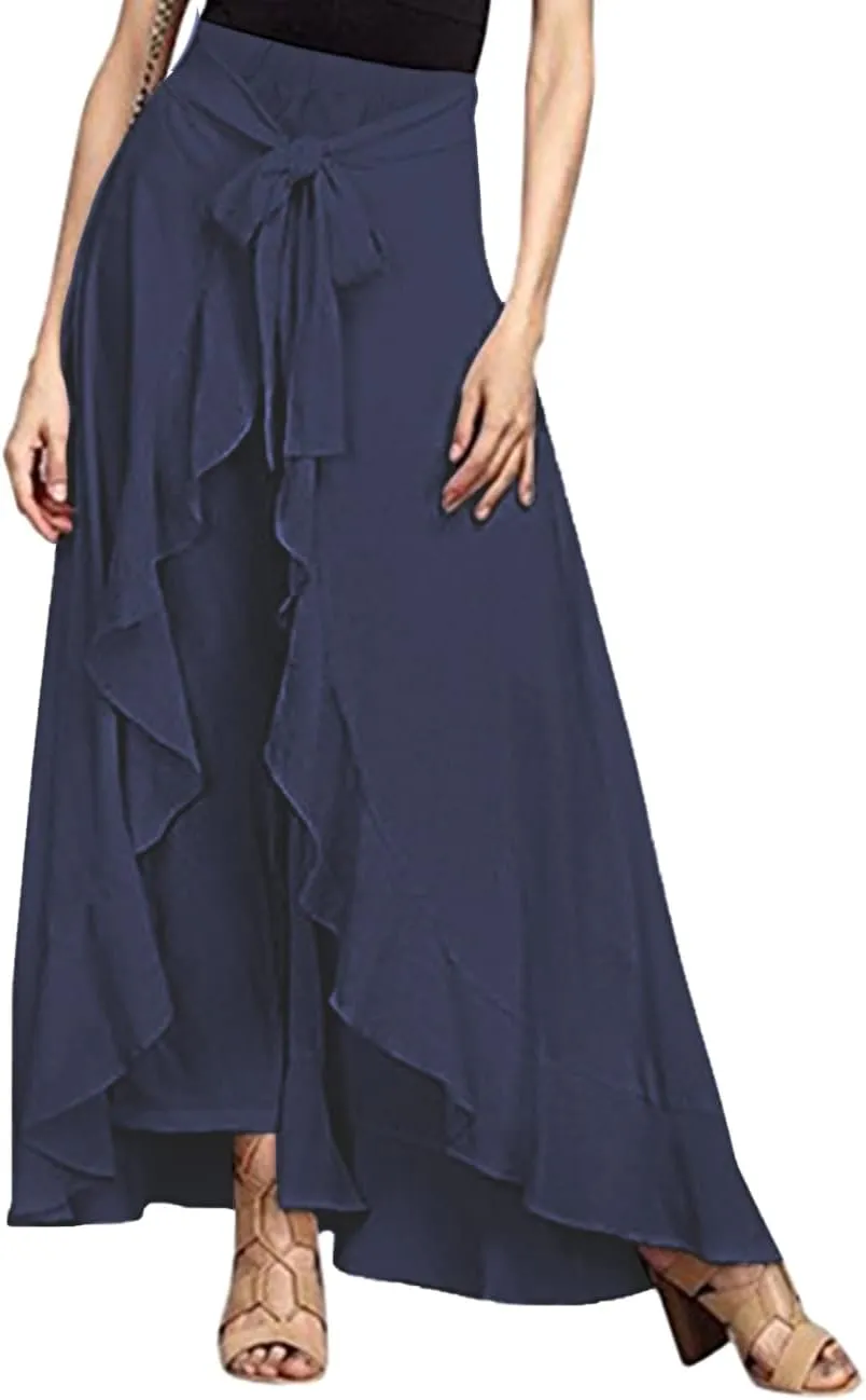 Lrady Women's Ruffle Pants High Waist Trousers Casual Beach Maxi Long Palazzo Overlay Pant Skirts