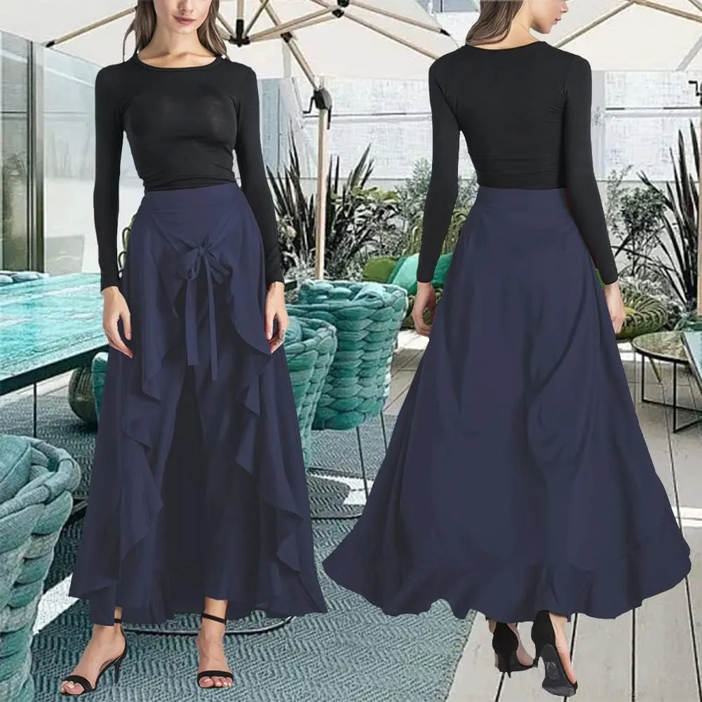 Lrady Women's Ruffle Pants High Waist Trousers Casual Beach Maxi Long Palazzo Overlay Pant Skirts