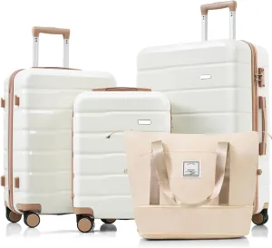 Luggage Sets 4 Piece, ABS Durable Suitcase With Travel Bag, ABS Hard Shell Luggage With Spinner Wheels, Ivory And Golden