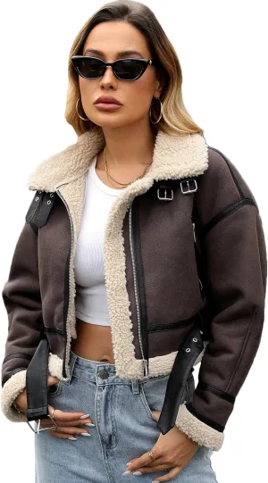 LY VAREY LIN Winter Women Faux Lamb Fur Leather Short Jacket Lapel Zipper Bomber Aviator Coat
