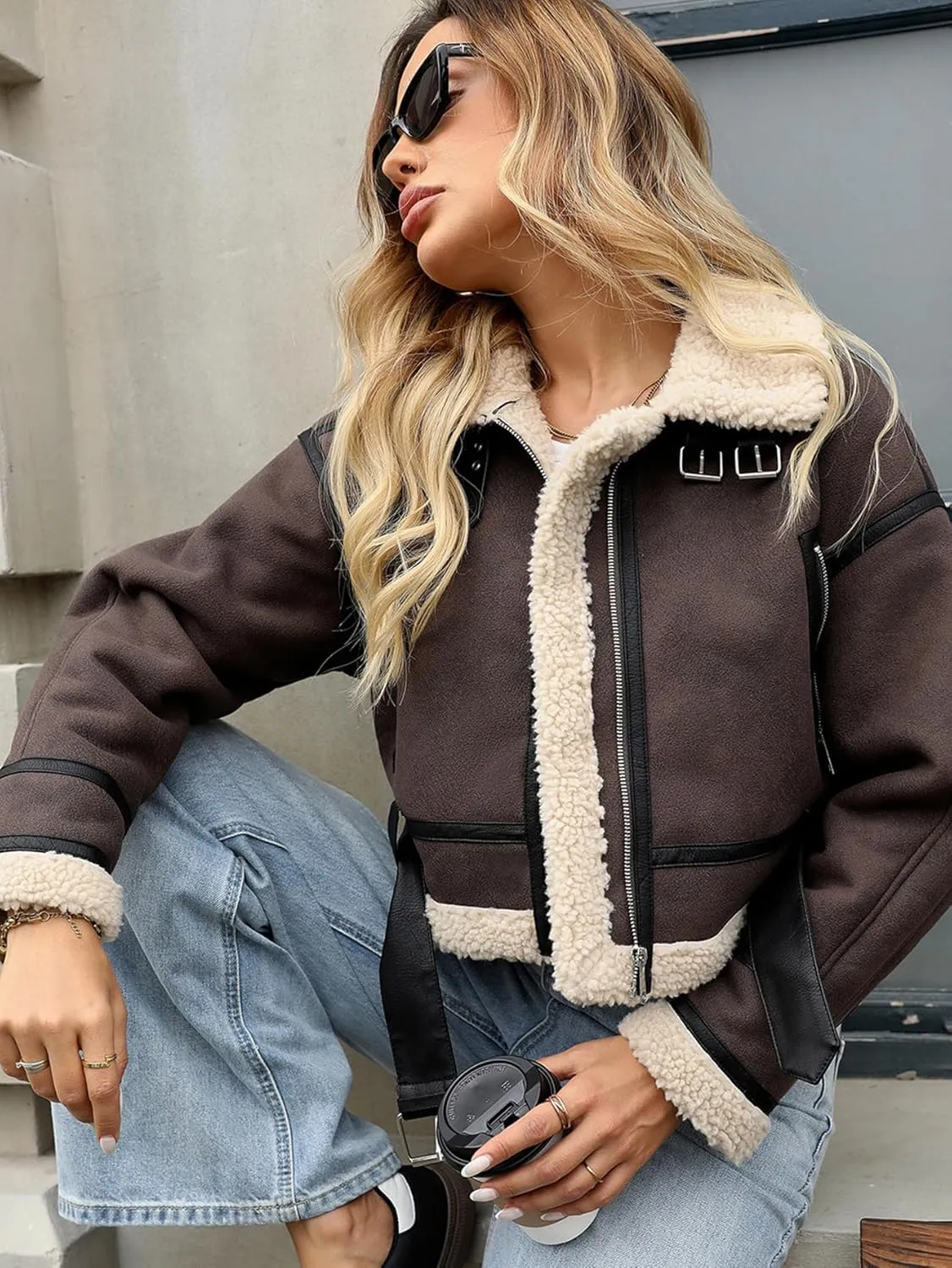 LY VAREY LIN Winter Women Faux Lamb Fur Leather Short Jacket Lapel Zipper Bomber Aviator Coat