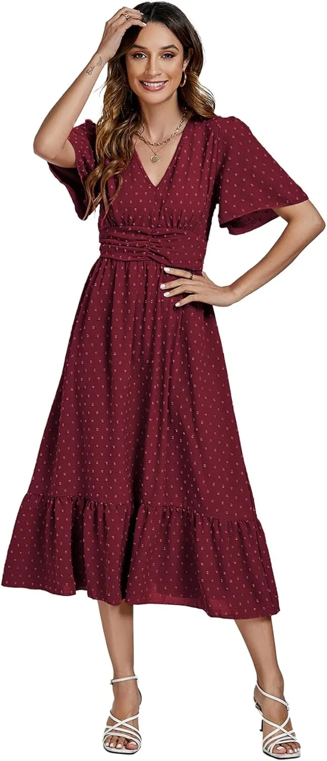 LYANER Women Boho Maxi Dress Long Sleeve V Neck Swiss Dot High Waited A-Line Ruffle Tiered Chiffon Long Dresses