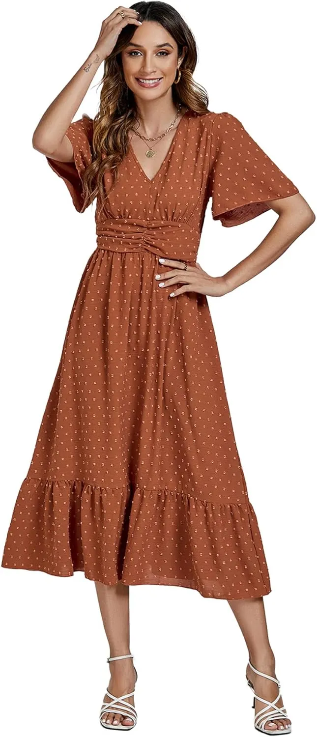 LYANER Women Boho Maxi Dress Long Sleeve V Neck Swiss Dot High Waited A-Line Ruffle Tiered Chiffon Long Dresses