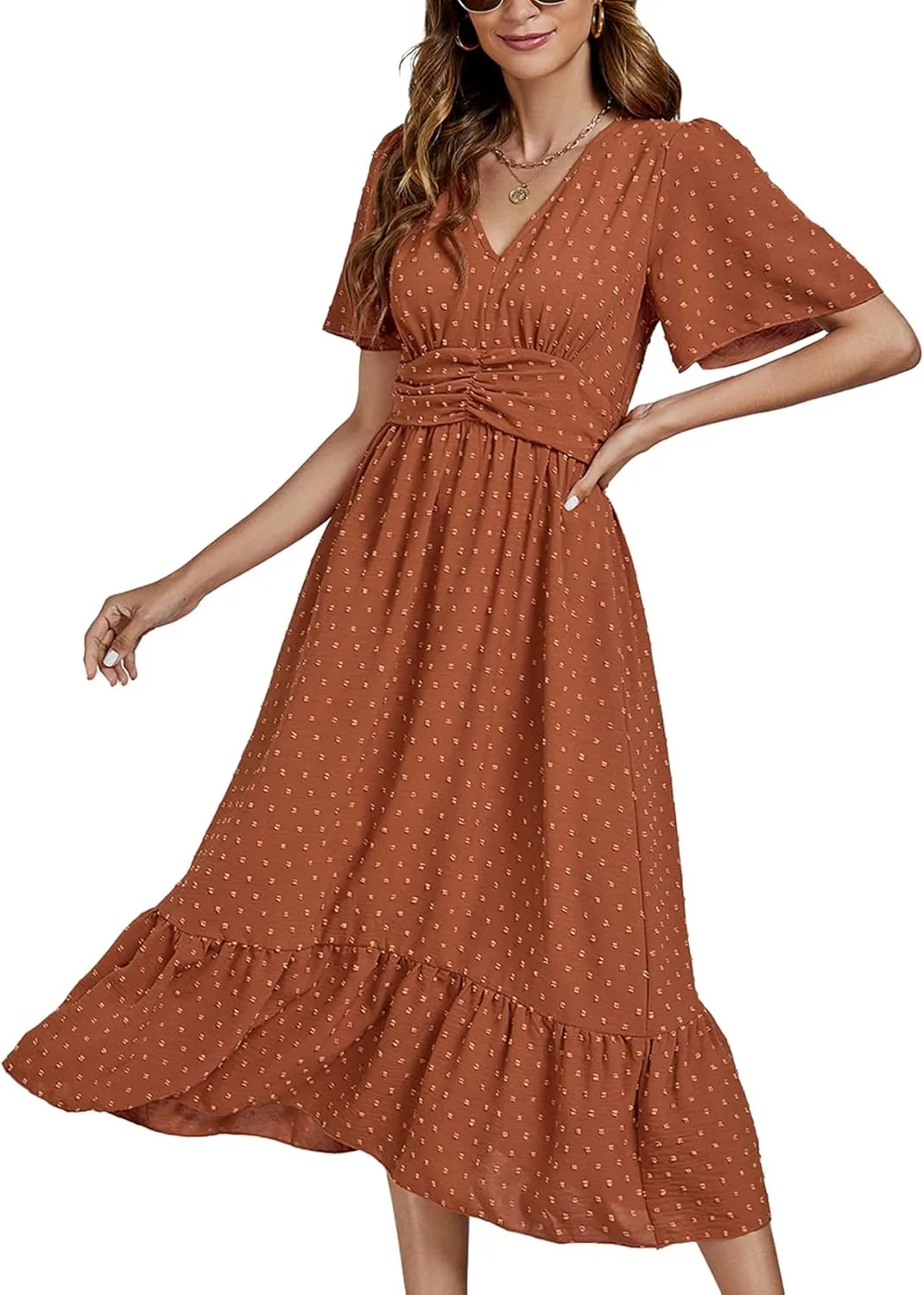 LYANER Women Boho Maxi Dress Long Sleeve V Neck Swiss Dot High Waited A-Line Ruffle Tiered Chiffon Long Dresses