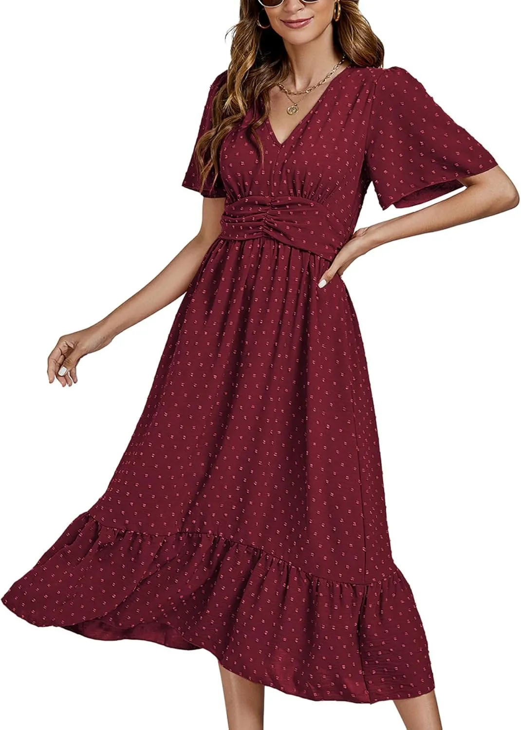 LYANER Women Boho Maxi Dress Long Sleeve V Neck Swiss Dot High Waited A-Line Ruffle Tiered Chiffon Long Dresses