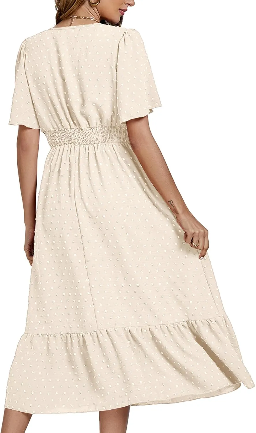 LYANER Women Boho Maxi Dress Long Sleeve V Neck Swiss Dot High Waited A-Line Ruffle Tiered Chiffon Long Dresses