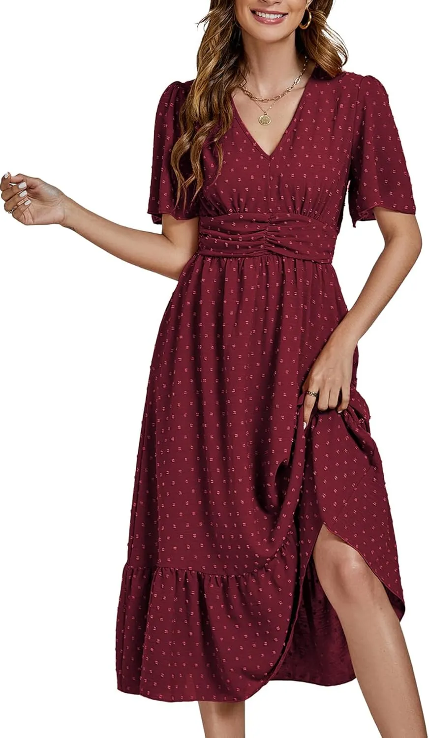 LYANER Women Boho Maxi Dress Long Sleeve V Neck Swiss Dot High Waited A-Line Ruffle Tiered Chiffon Long Dresses