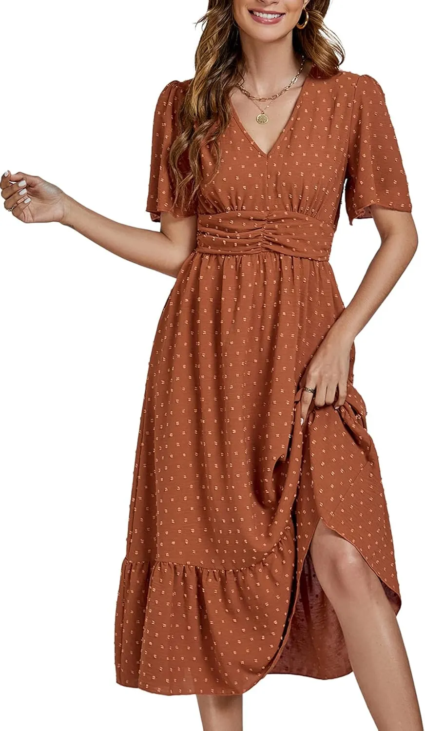 LYANER Women Boho Maxi Dress Long Sleeve V Neck Swiss Dot High Waited A-Line Ruffle Tiered Chiffon Long Dresses
